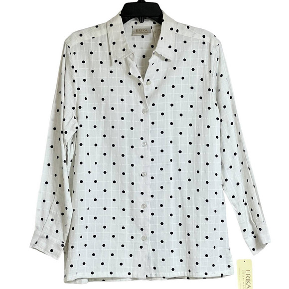 Erika Blouse Long Sleeve Collar Button White‎ Navy Polkadots Side Slits New - Picture 2 of 15
